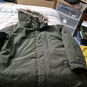 Men's Olive Green Parka Jacket with Faux Fur Trim